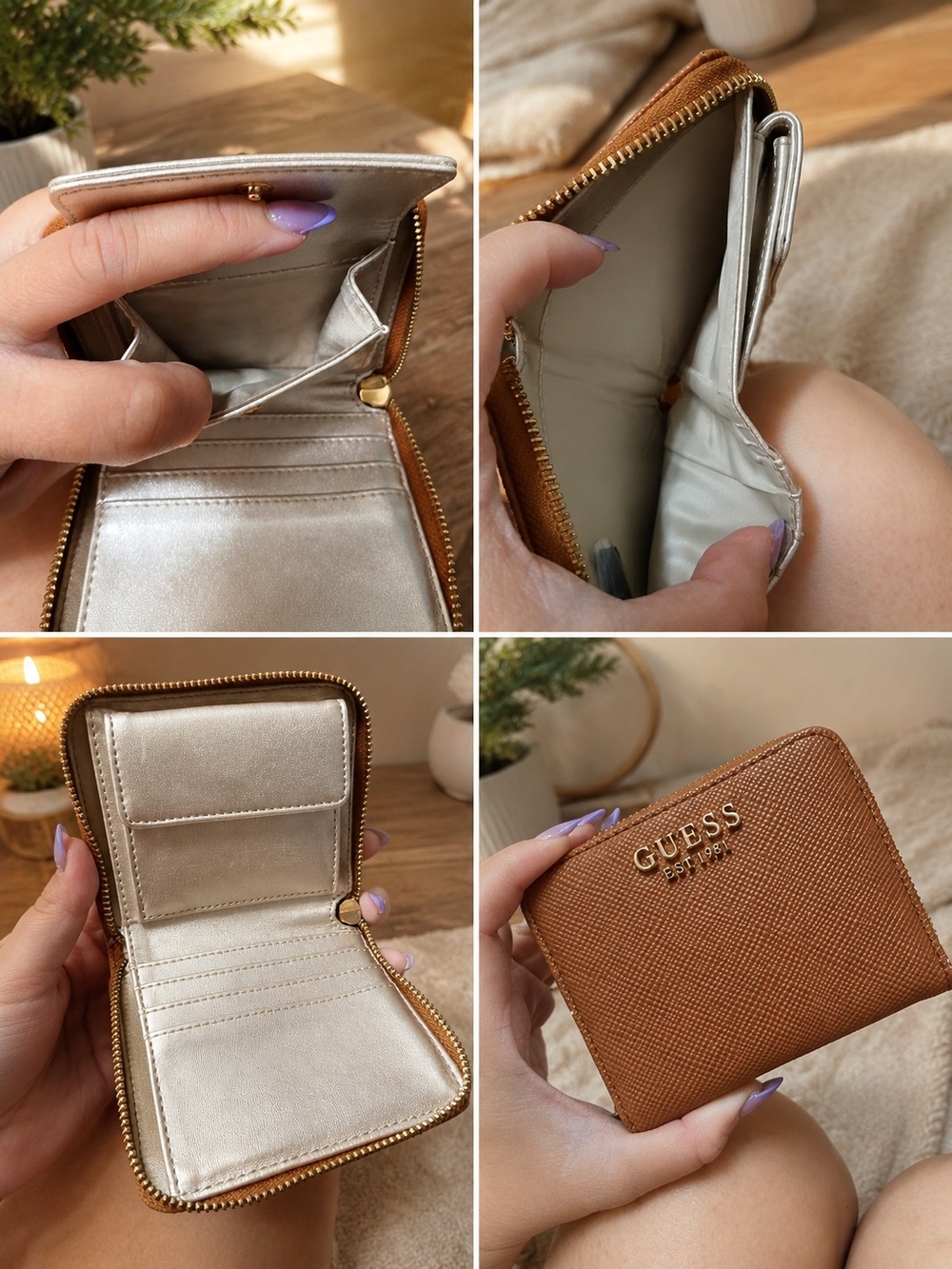 GUESS Brown Zip-Around Wallet with Metallic Silver Interior